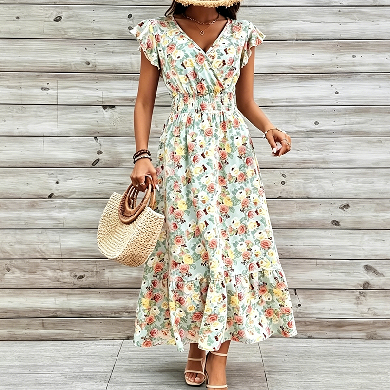 Women's Floral V-Neck Smocked Waist Dress