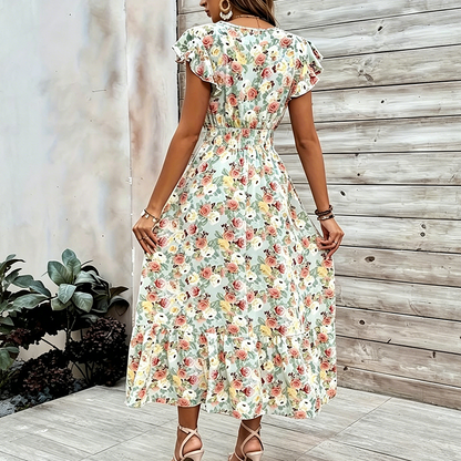 Women's Floral V-Neck Smocked Waist Dress