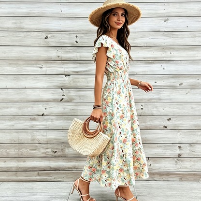 Women's Floral V-Neck Smocked Waist Dress