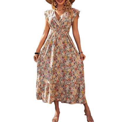 Women's Floral V-Neck Smocked Waist Dress