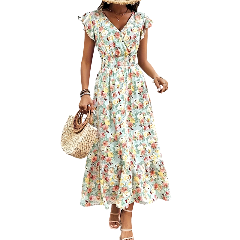 Women's Floral V-Neck Smocked Waist Dress