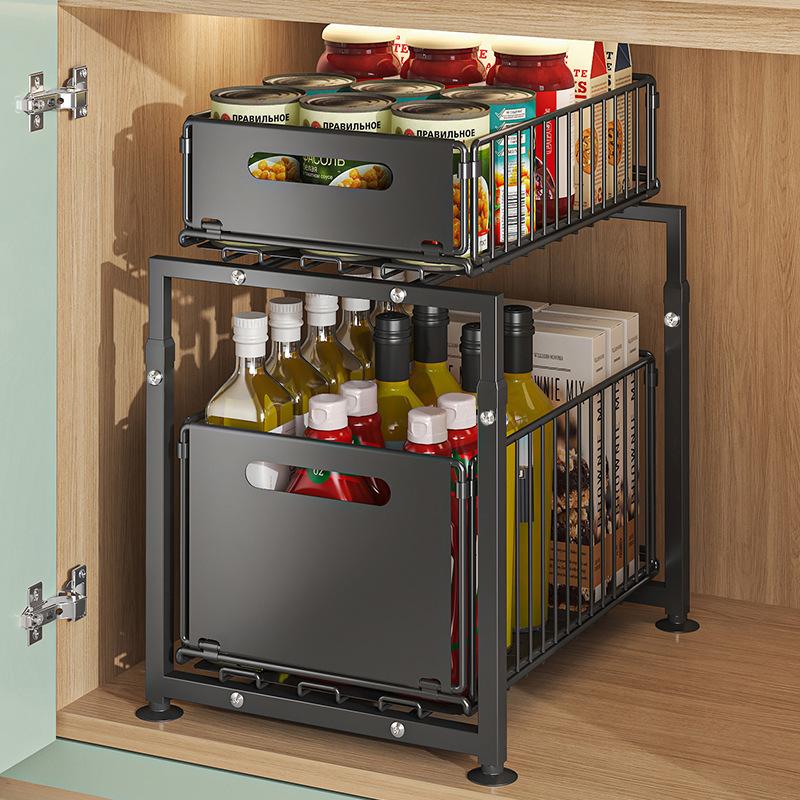 Double-Tier Pull-Out Shelf Cabinet Organizer | 5-Level Height Adjustment, Carbon Steel, No Assembly