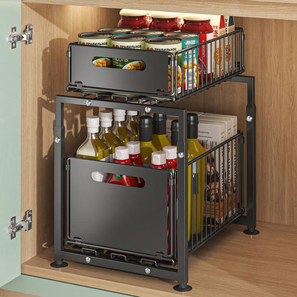 Double-Tier Pull-Out Shelf Cabinet Organizer | 5-Level Height Adjustment, Carbon Steel, No Assembly