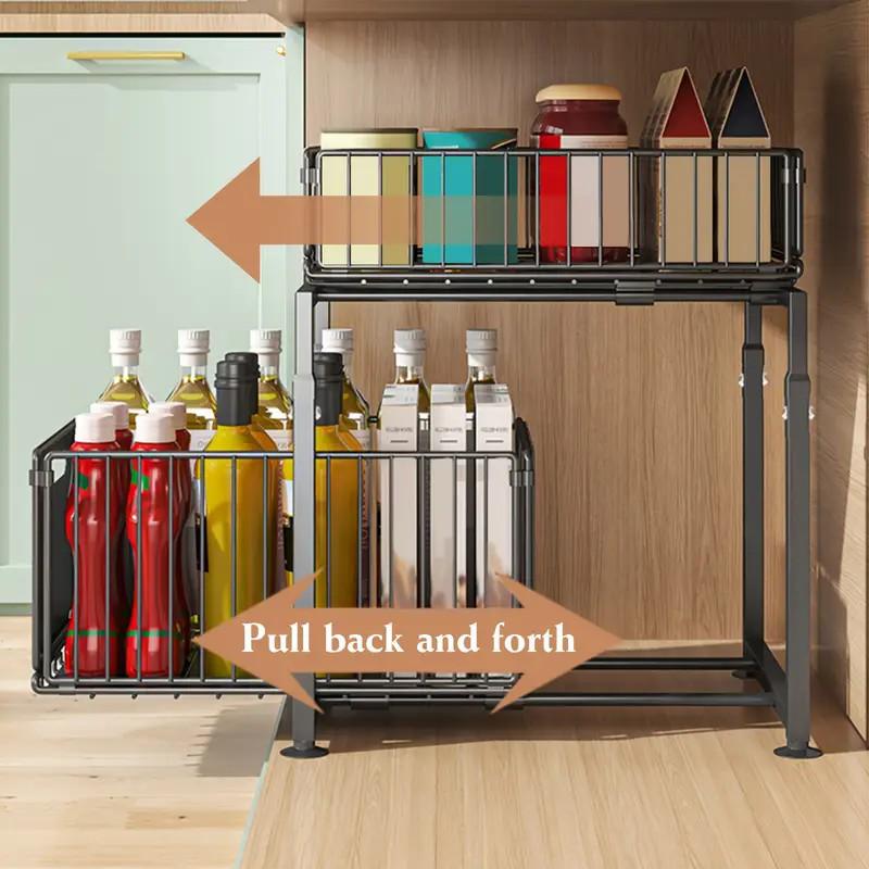 Double-Tier Pull-Out Shelf Cabinet Organizer | 5-Level Height Adjustment, Carbon Steel, No Assembly
