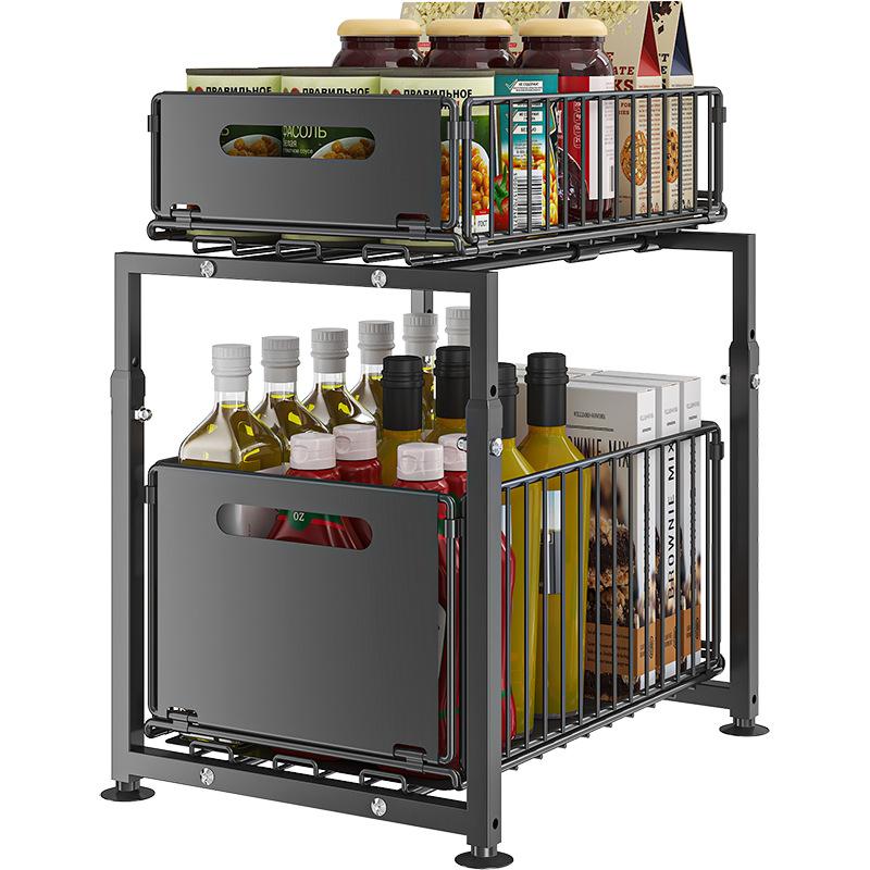 Double-Tier Pull-Out Shelf Cabinet Organizer | 5-Level Height Adjustment, Carbon Steel, No Assembly