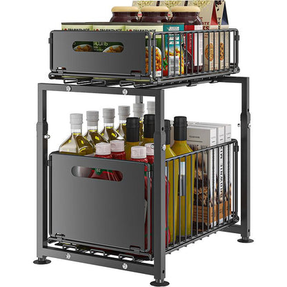 Double-Tier Pull-Out Shelf Cabinet Organizer | 5-Level Height Adjustment, Carbon Steel, No Assembly