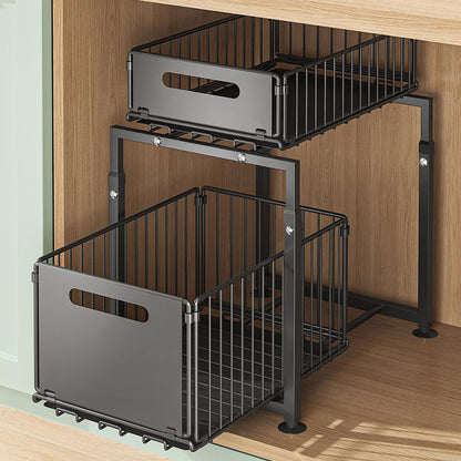 Double-Tier Pull-Out Shelf Cabinet Organizer | 5-Level Height Adjustment, Carbon Steel, No Assembly