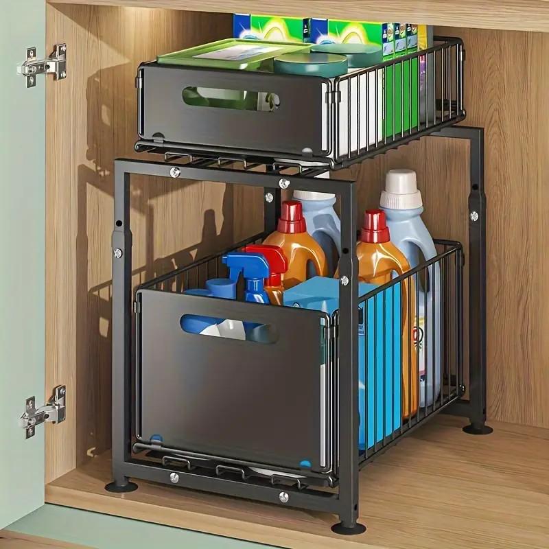 Double-Tier Pull-Out Shelf Cabinet Organizer | 5-Level Height Adjustment, Carbon Steel, No Assembly