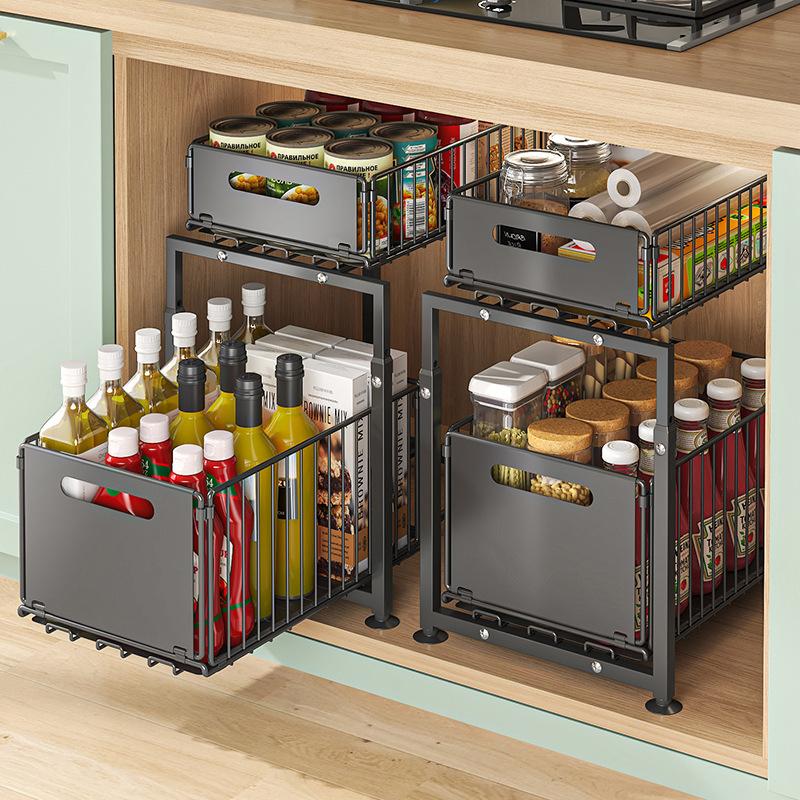 Double-Tier Pull-Out Shelf Cabinet Organizer | 5-Level Height Adjustment, Carbon Steel, No Assembly