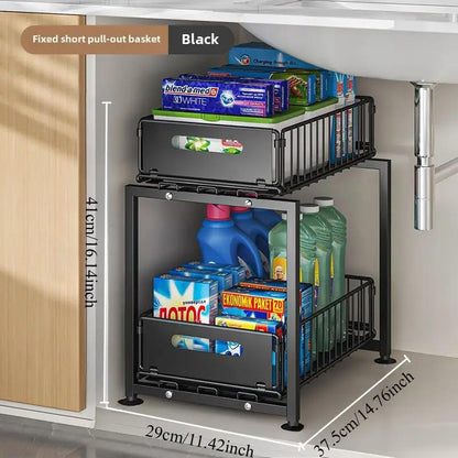 Double-Tier Pull-Out Shelf Cabinet Organizer | 5-Level Height Adjustment, Carbon Steel, No Assembly
