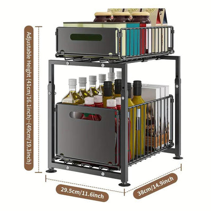 Double-Tier Pull-Out Shelf Cabinet Organizer | 5-Level Height Adjustment, Carbon Steel, No Assembly