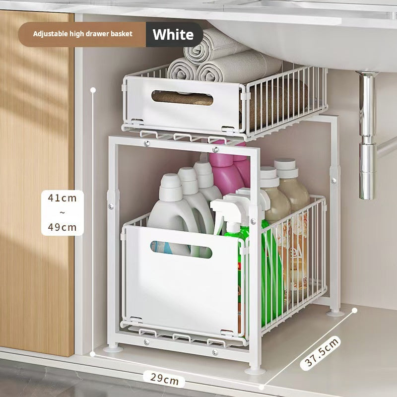 Double-Tier Pull-Out Shelf Cabinet Organizer | 5-Level Height Adjustment, Carbon Steel, No Assembly