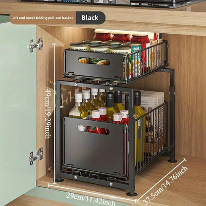 Double-Tier Pull-Out Shelf Cabinet Organizer | 5-Level Height Adjustment, Carbon Steel, No Assembly