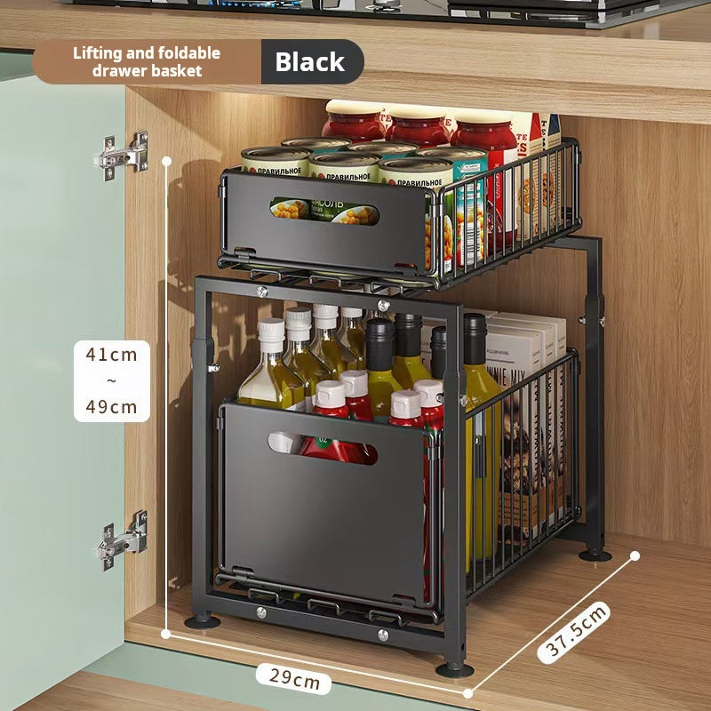 Double-Tier Pull-Out Shelf Cabinet Organizer | 5-Level Height Adjustment, Carbon Steel, No Assembly