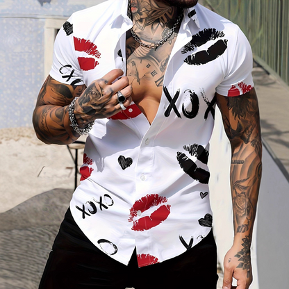 Men's Kiss Print Short-Sleeve Button-Up Shirt