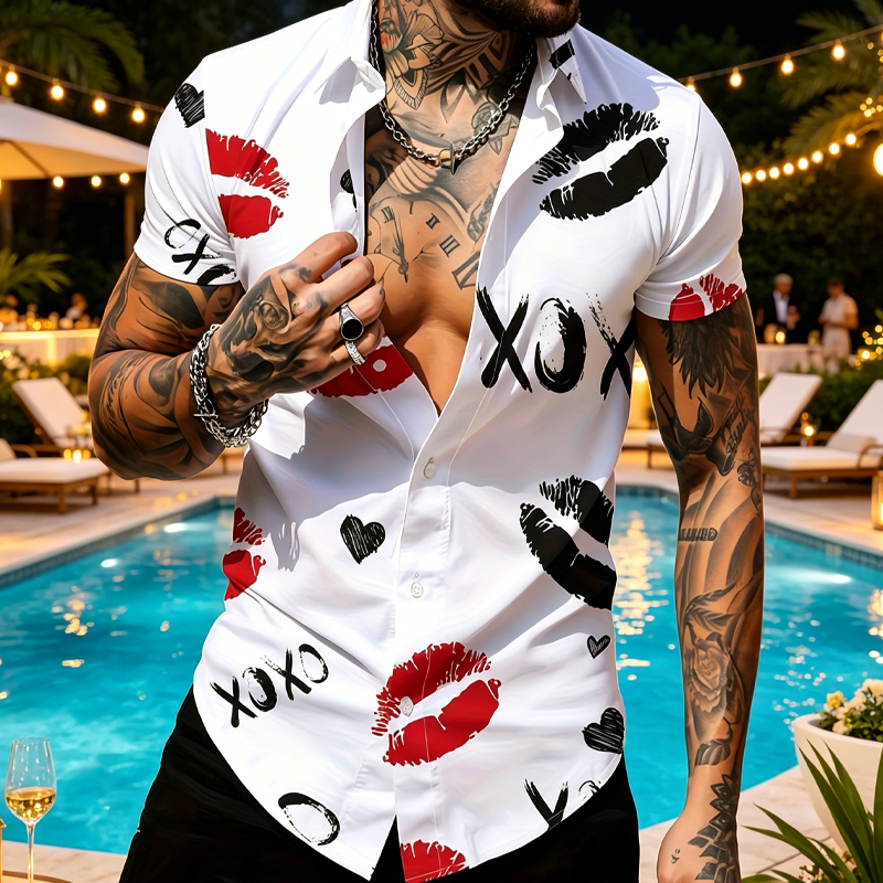 Men's Kiss Print Short-Sleeve Button-Up Shirt