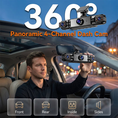 360° Panoramic 4-Channel Dash Cam | 1080P Full HD Quad-Camera System with Night Vision & Parking Monitor for Ultimate Car Security