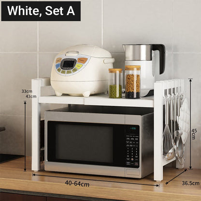 🧰Expandable Microwave Rack – Adjustable, 75kg Capacity, Hooks Included