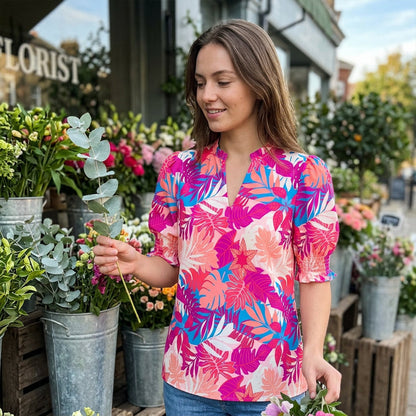 🌸50% OFF NOW🌸Women's Boho V-Neck Puff Sleeve Blouse | Floral Print Dressy Casual Top for Office & Weekend Wear