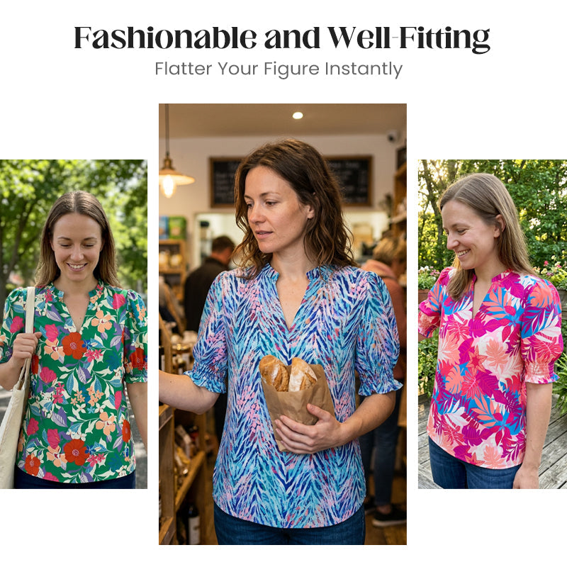 🌸50% OFF NOW🌸Women's Boho V-Neck Puff Sleeve Blouse | Floral Print Dressy Casual Top for Office & Weekend Wear