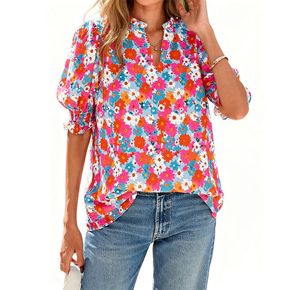 🌸50% OFF NOW🌸Women's Boho V-Neck Puff Sleeve Blouse | Floral Print Dressy Casual Top for Office & Weekend Wear