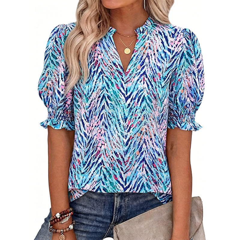 🌸50% OFF NOW🌸Women's Boho V-Neck Puff Sleeve Blouse | Floral Print Dressy Casual Top for Office & Weekend Wear