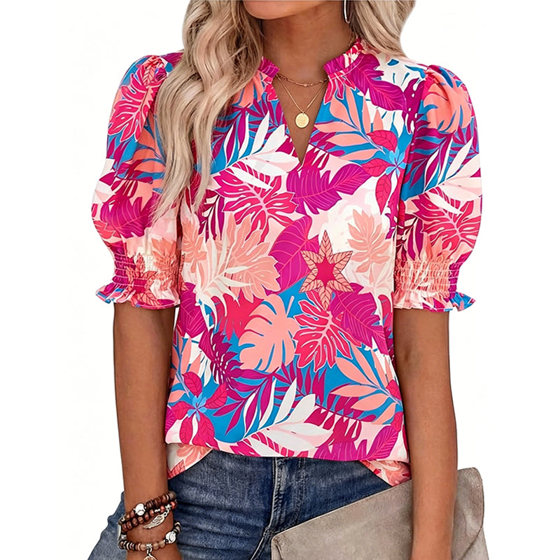 🌸50% OFF NOW🌸Women's Boho V-Neck Puff Sleeve Blouse | Floral Print Dressy Casual Top for Office & Weekend Wear