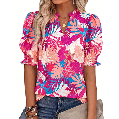 🌸50% OFF NOW🌸Women's Boho V-Neck Puff Sleeve Blouse | Floral Print Dressy Casual Top for Office & Weekend Wear