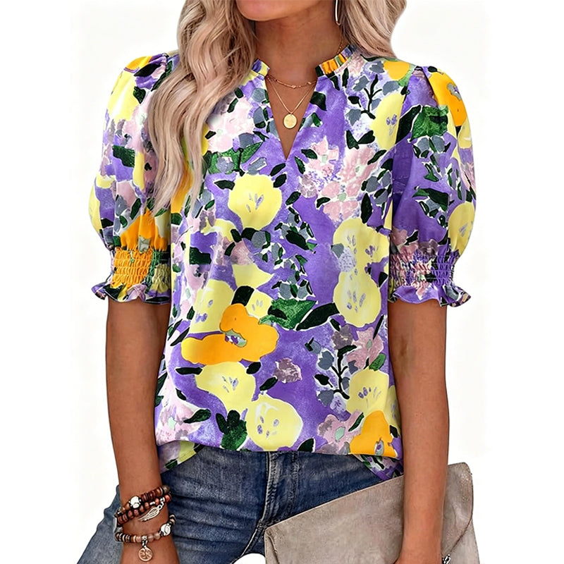 🌸50% OFF NOW🌸Women's Boho V-Neck Puff Sleeve Blouse | Floral Print Dressy Casual Top for Office & Weekend Wear