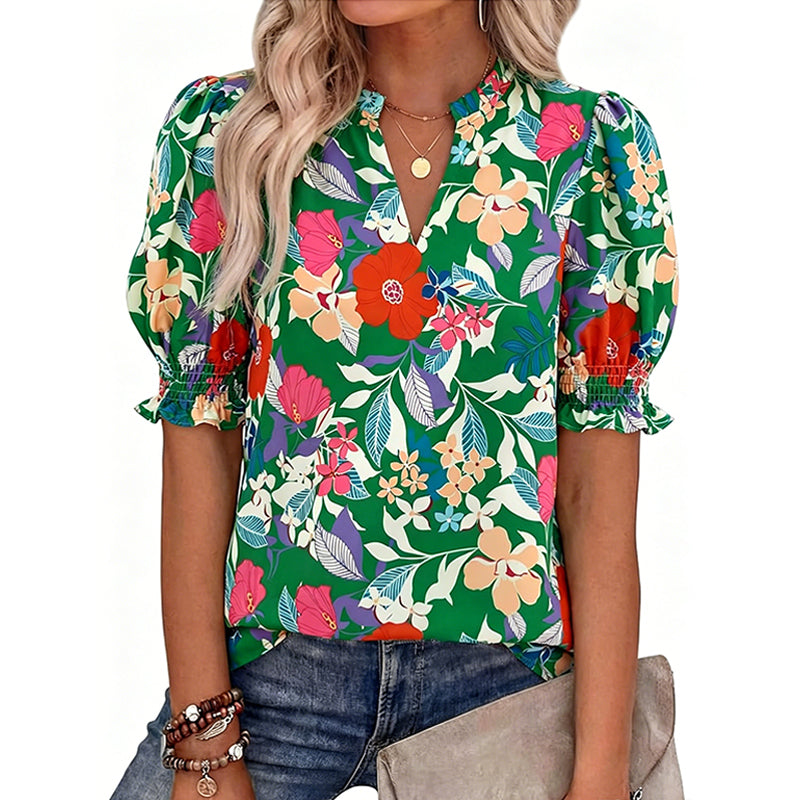 🌸50% OFF NOW🌸Women's Boho V-Neck Puff Sleeve Blouse | Floral Print Dressy Casual Top for Office & Weekend Wear