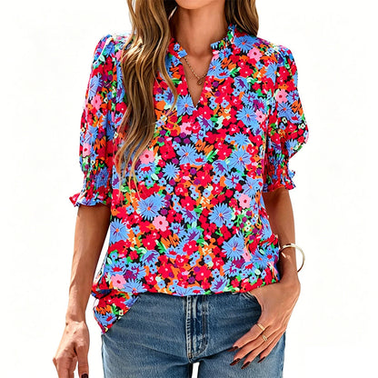 🌸50% OFF NOW🌸Women's Boho V-Neck Puff Sleeve Blouse | Floral Print Dressy Casual Top for Office & Weekend Wear