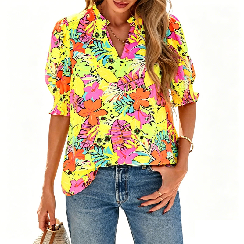 🌸50% OFF NOW🌸Women's Boho V-Neck Puff Sleeve Blouse | Floral Print Dressy Casual Top for Office & Weekend Wear