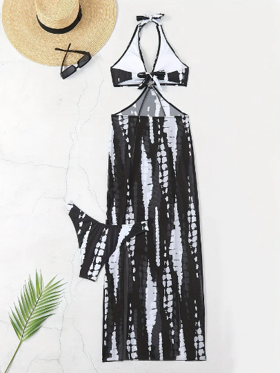 Striped Two-Piece Swimsuit with Tie Neck and Ring Details