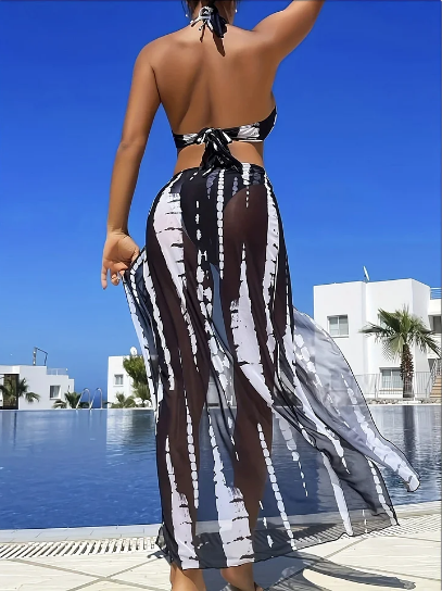 Striped Two-Piece Swimsuit with Tie Neck and Ring Details