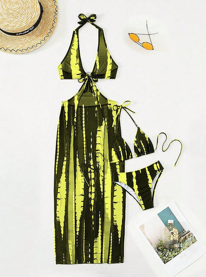 Striped Two-Piece Swimsuit with Tie Neck and Ring Details