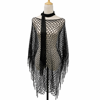 Women’s Hollow-Out Fishnet Tassel Poncho