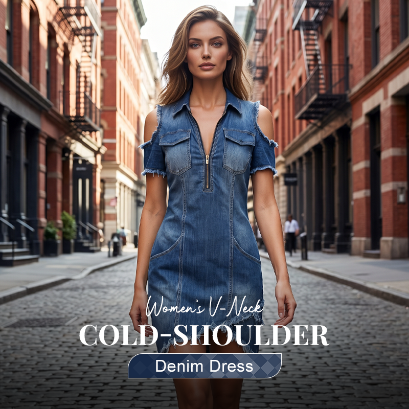 Women's V-Neck Cold-Shoulder Denim Dress