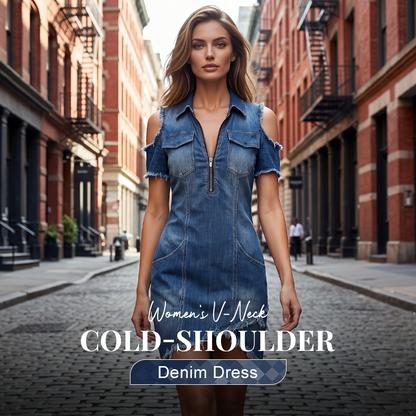 Women's V-Neck Cold-Shoulder Denim Dress