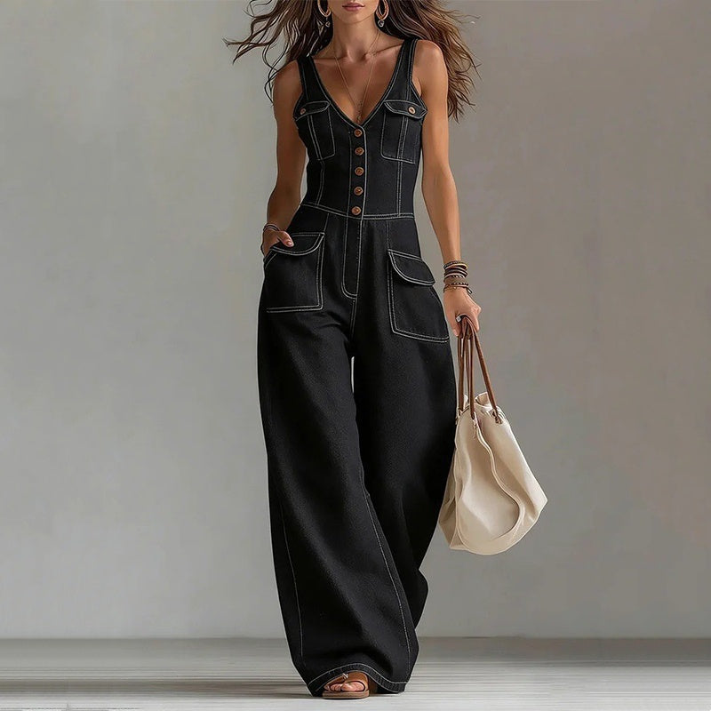 Women's Sleeveless V-Neck Denim Jumpsuit