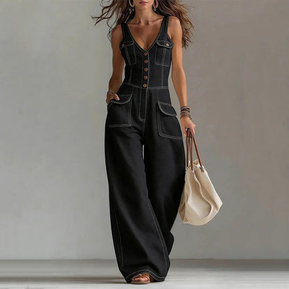 Women's Sleeveless V-Neck Denim Jumpsuit