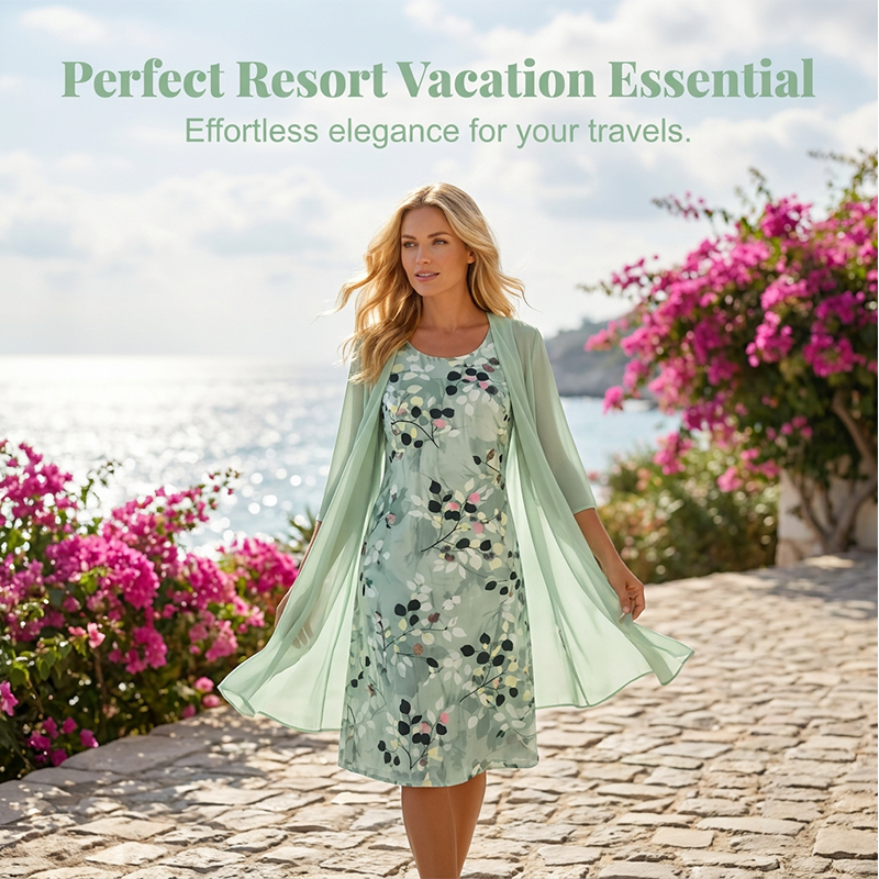 Women's Elegant Chiffon Dress & Cardigan 2-Piece Set
