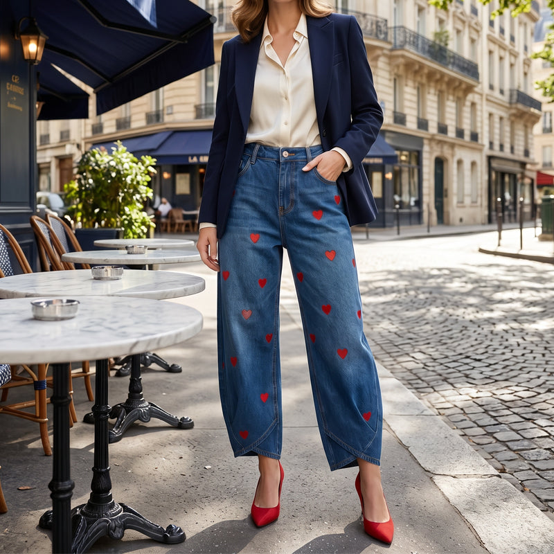 Women's Heart Print Baggy Denim Pants