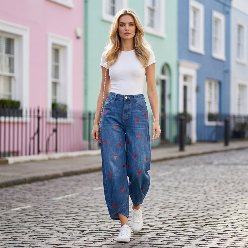 Women's Heart Print Baggy Denim Pants