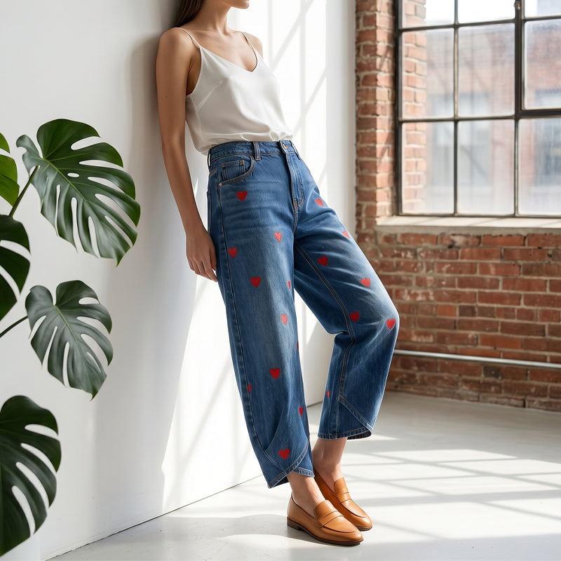 Women's Heart Print Baggy Denim Pants