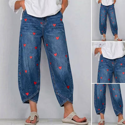 Women's Heart Print Baggy Denim Pants