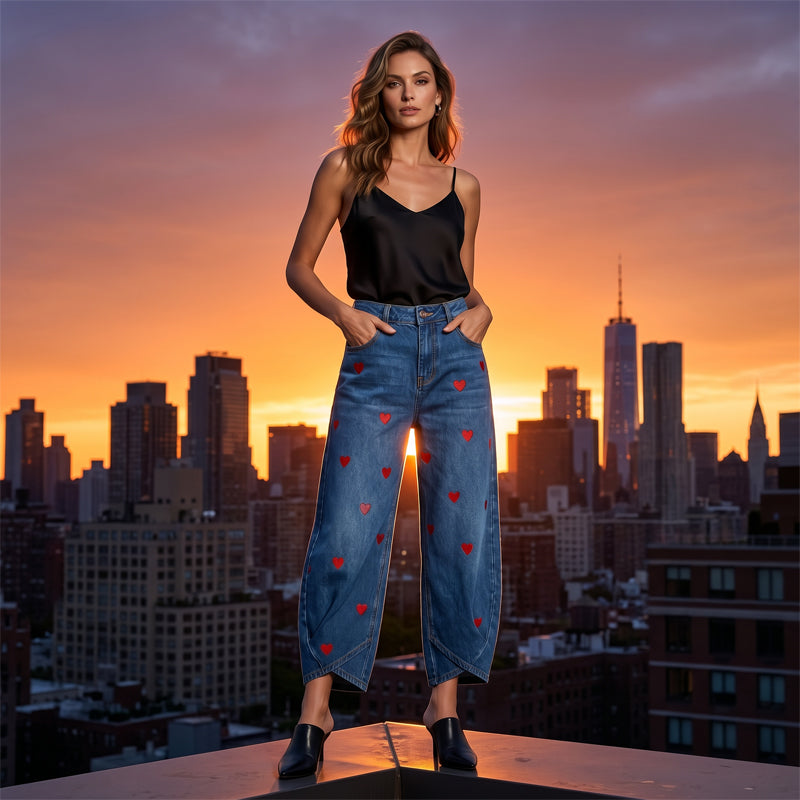 Women's Heart Print Baggy Denim Pants