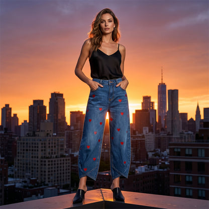 Women's Heart Print Baggy Denim Pants