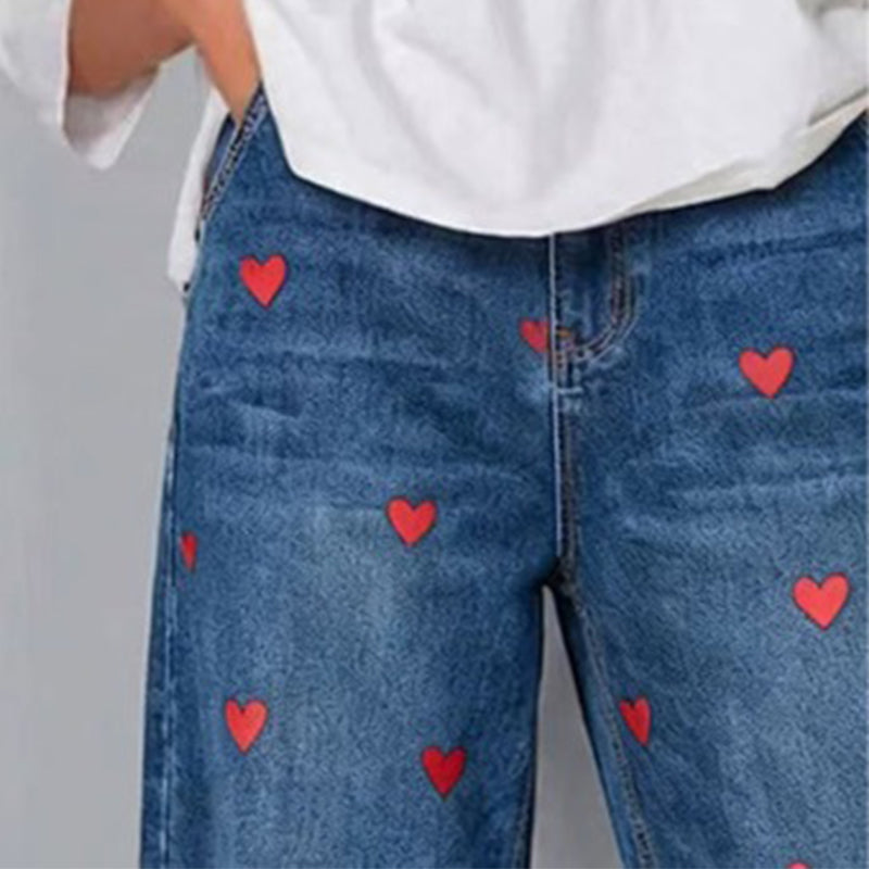 Women's Heart Print Baggy Denim Pants