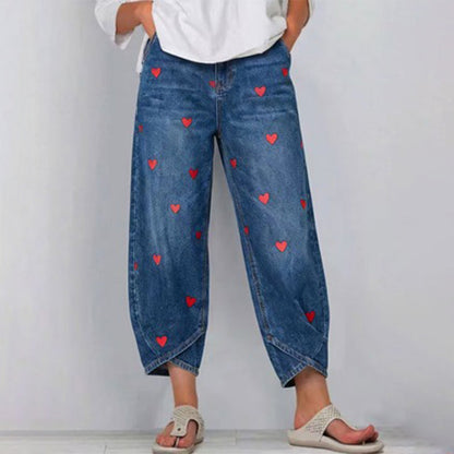 Women's Heart Print Baggy Denim Pants