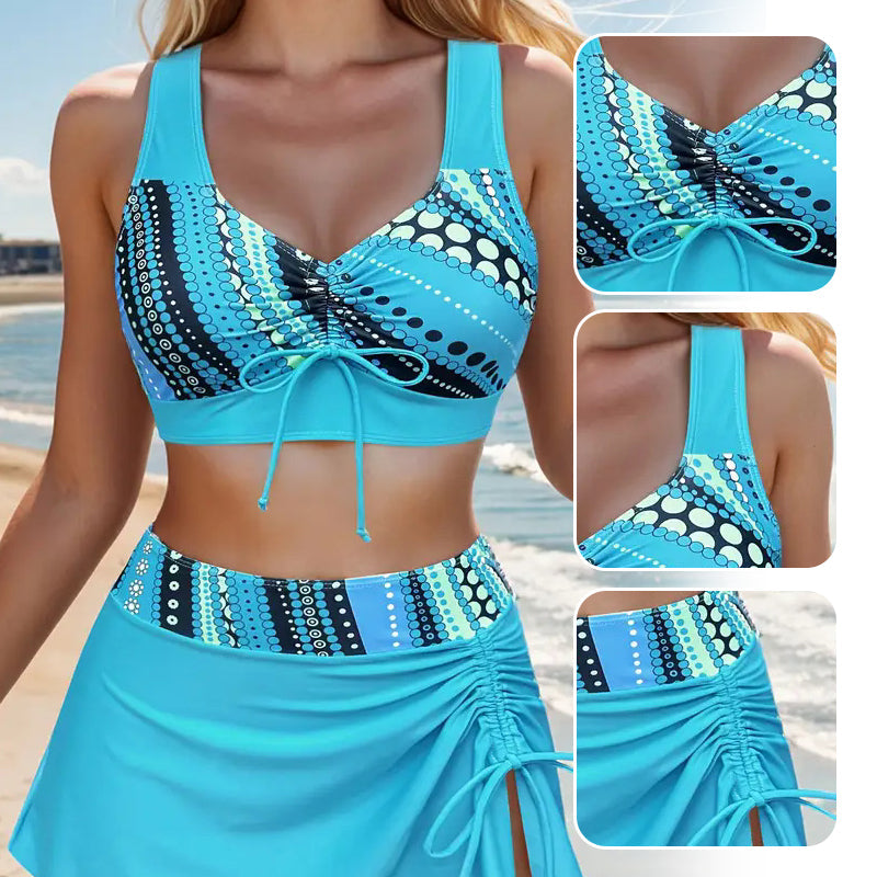 Women's V-Neck Drawstring Printed Three-Piece Swimsuit